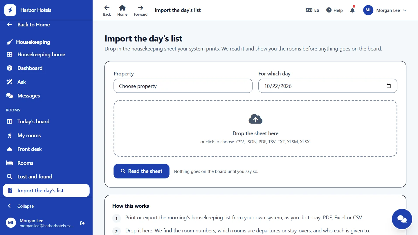 The import page, showing what was read from the morning sheet