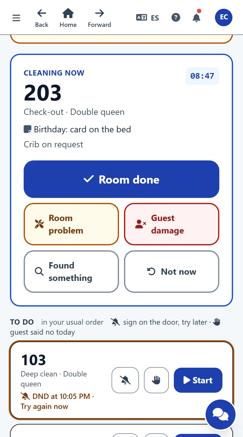 My rooms on a housekeeper's phone, with the room being cleaned